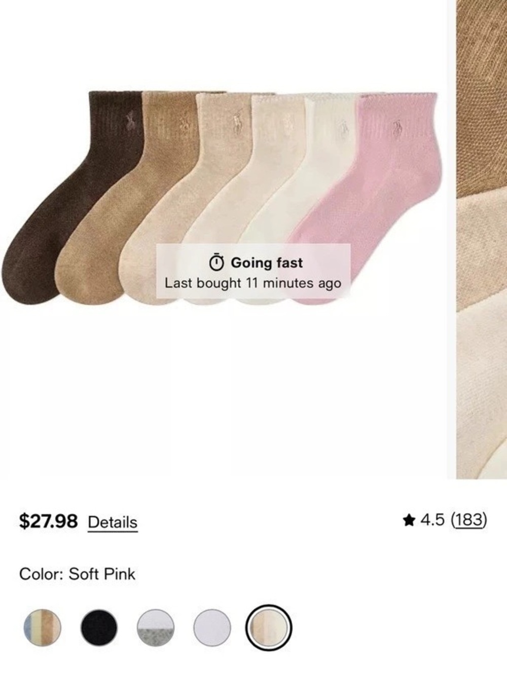 Ralph Lauren Women's 6-Pk. Cushion Quarter Socks Quarter Socks Pink & Brown Size